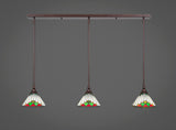 3 Light Mini Pendant, 7" Green Sunray Tiffany Glass