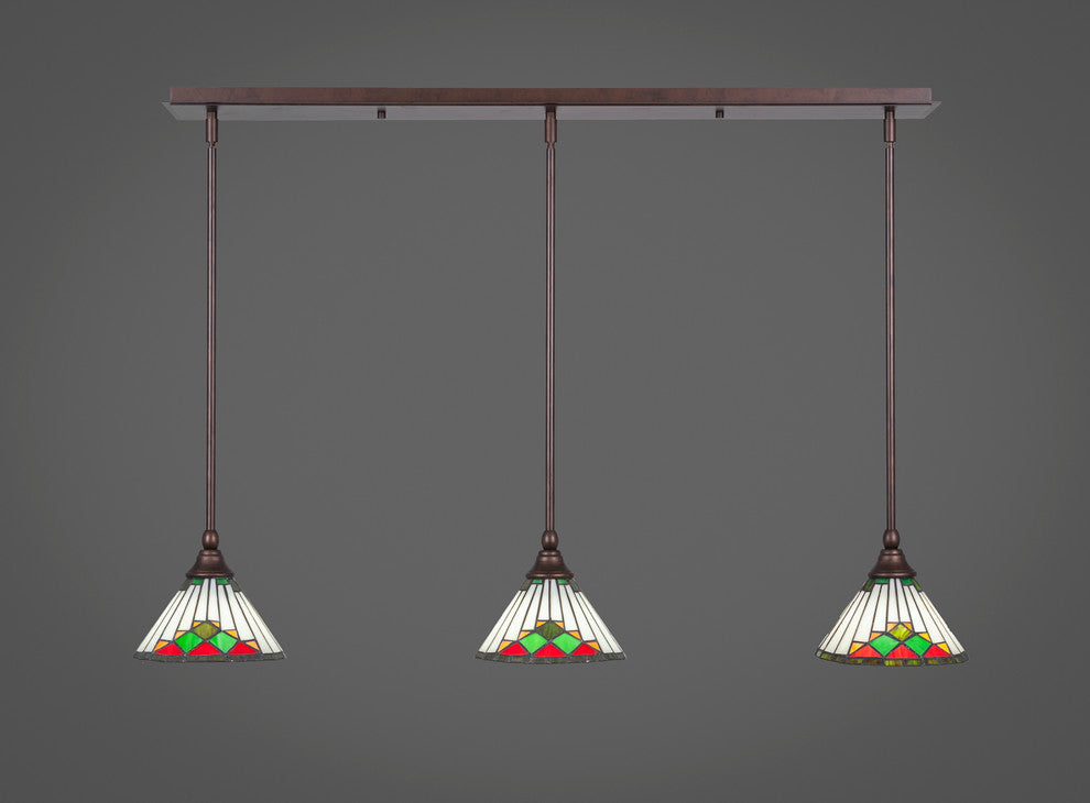 3 Light Mini Pendant, 7" Green Sunray Tiffany Glass