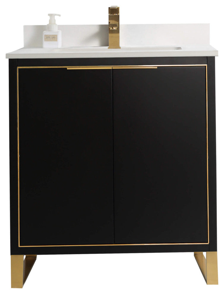 Opulence Bath Vanity, Black Matte, 30", Satin Brass Hardware, White Top