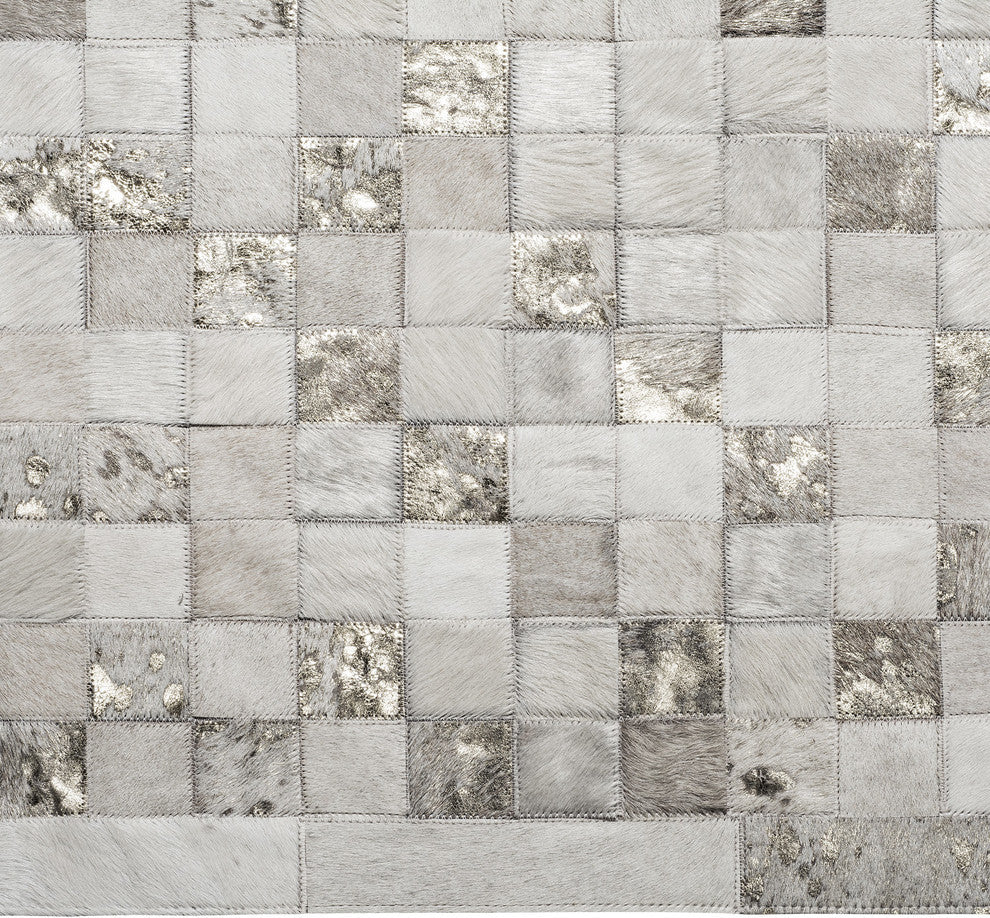 Cowhide Patchwork Rug, Hera, Platinum, 9'x12'