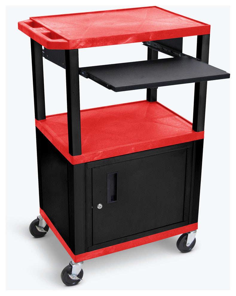 Luxor Tuffy Red 42" 3-Shelf Cart, Black Pullout Shelf, Cabinet, Legs, Electric