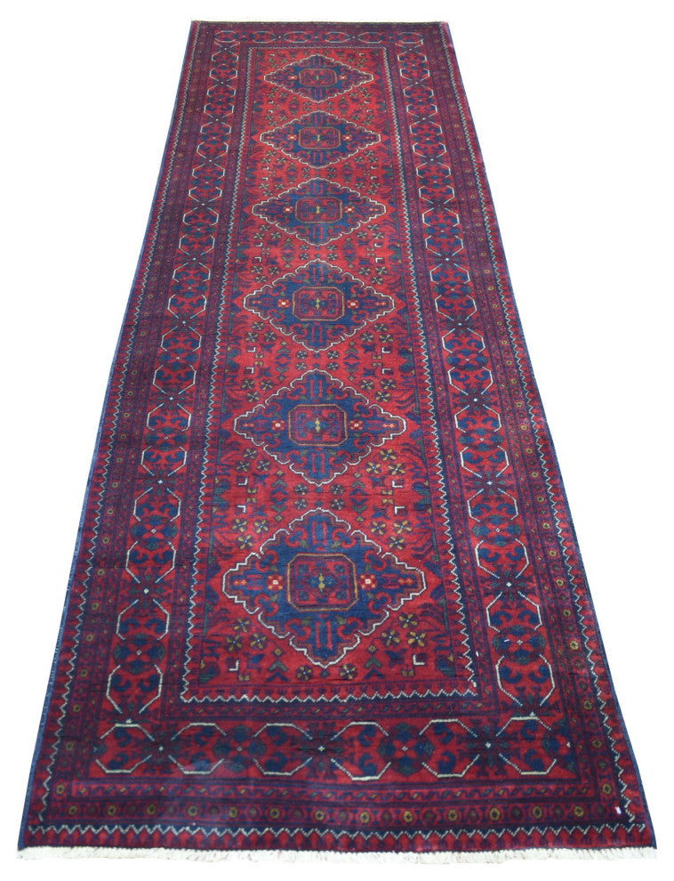 Red Geometric Design Hand Knotted Afghan Khamyab Runner Orientel Rug, 3'x9'10"