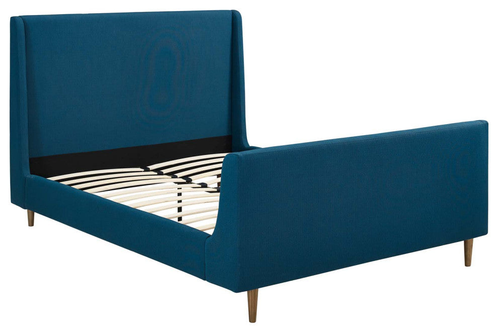 Aubree Queen Upholstered Fabric Sleigh Platform Bed Azure