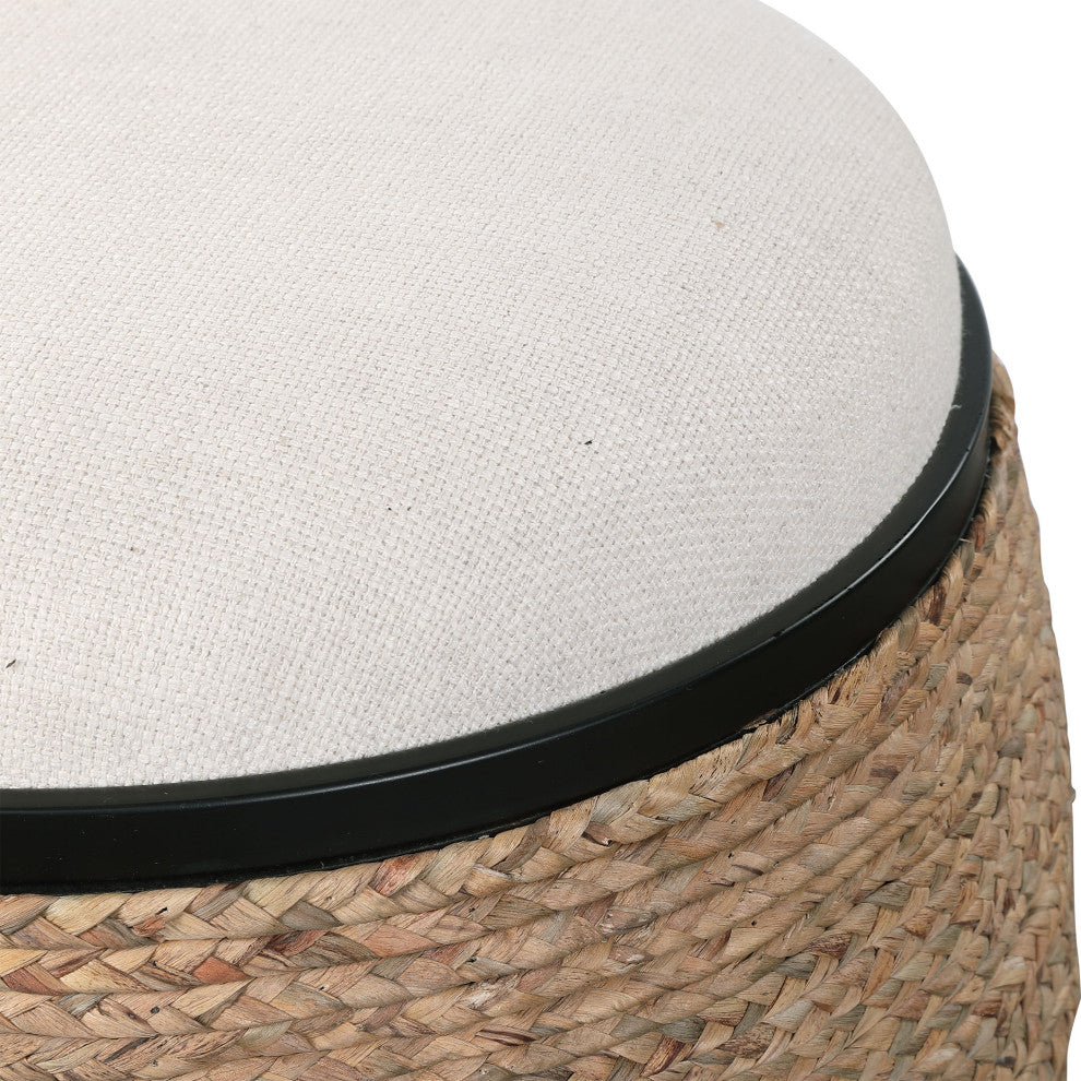 Coastal Round Drum Rope Stool Round Beige Braided Straw Ottoman Island Casual