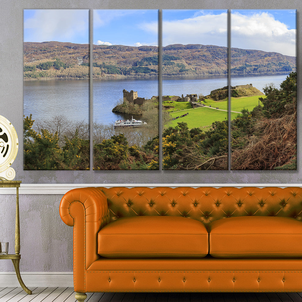 Lago Ness and Urquhart Castle, Landscape Canvas Art Print, 48"x28", 4 Panels
