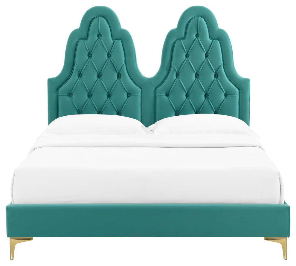 Tufted Platform Bed Frame, Full Size, Velvet, Teal Blue, Modern Contemporary