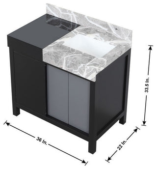 Zilara 36" Black and Grey Vanity, Castle Grey Marble Top, 30" Frameless Mirror