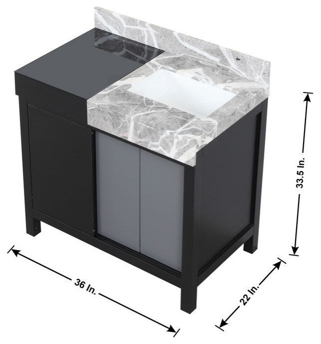 Zilara 36" Black and Grey Vanity, Castle Grey Marble Top, 30" Frameless Mirror