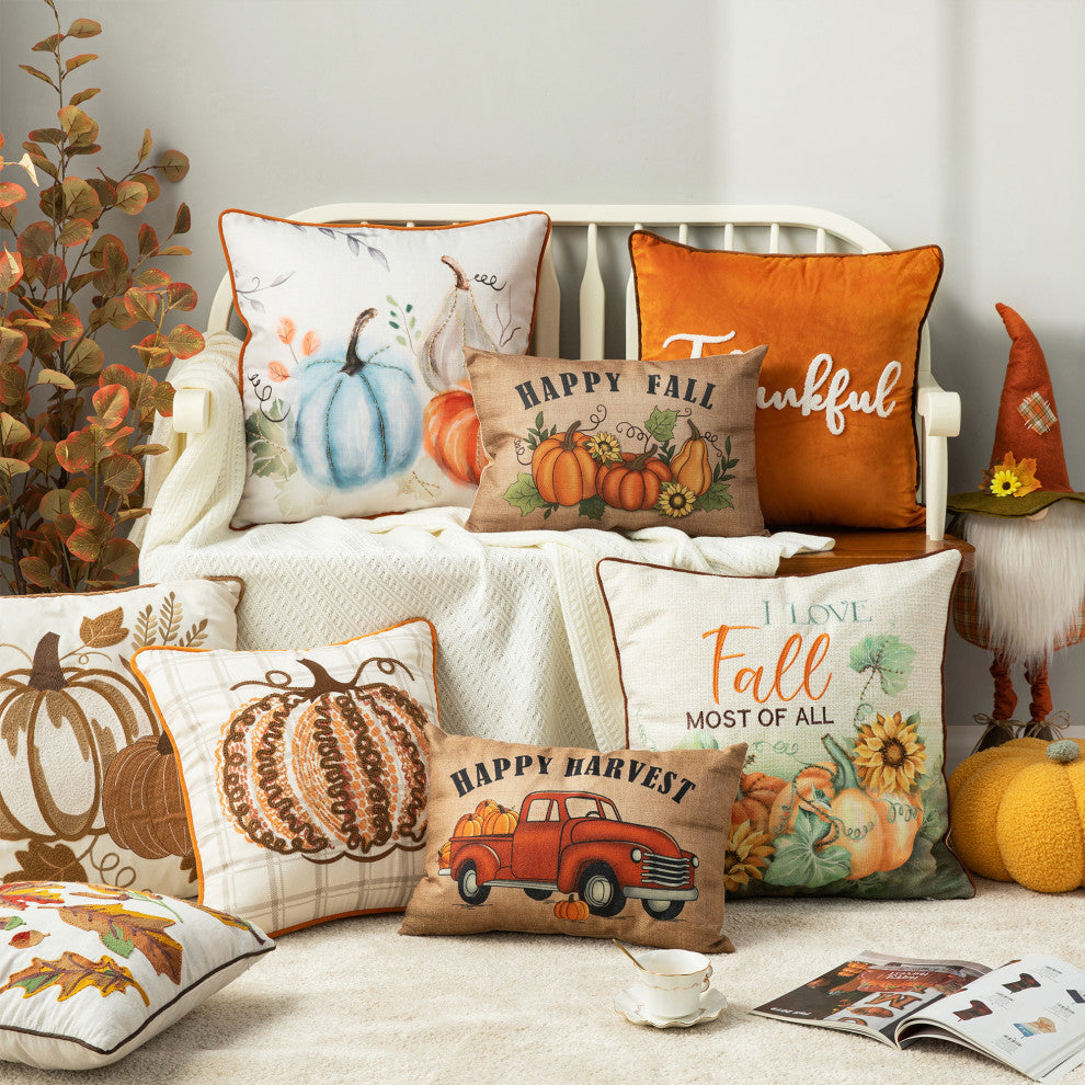 18" Fall Embroidered Pumpkin Pillow Cover