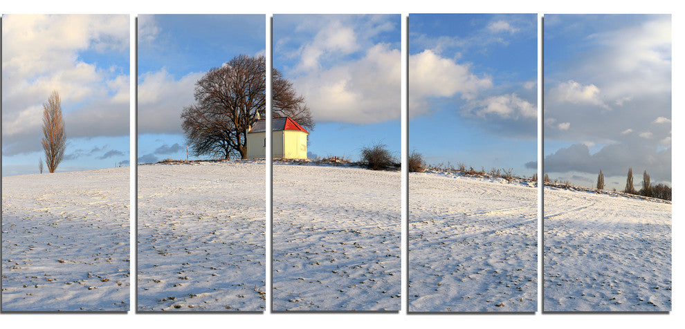 Winter Landscape with Chapel, Landscape Canvas Art Print, 60"x28", 5 Panels