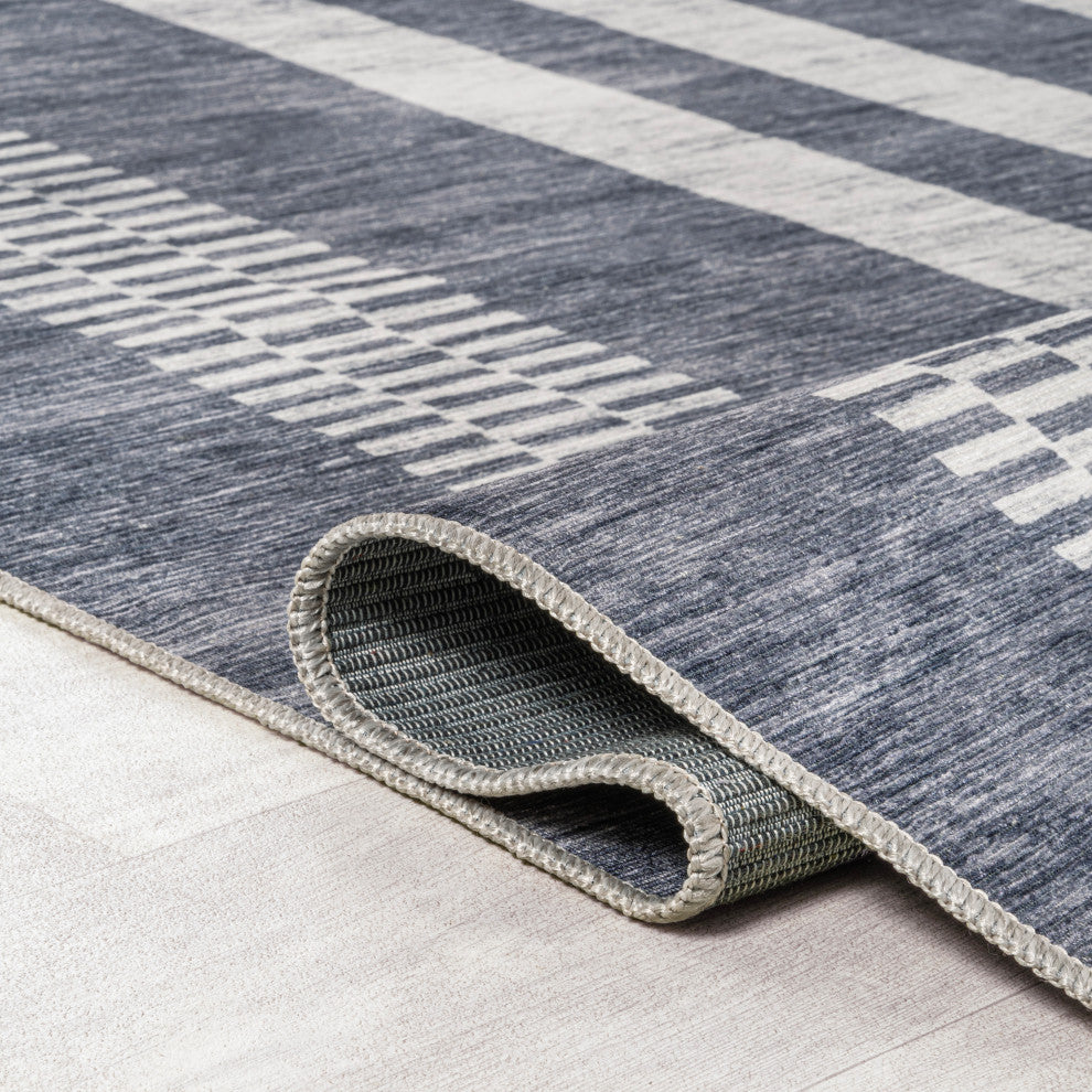Vichy Geometric Striped Machine-Washable Area Rug, Slate Gray/Ivory, 2 X 8
