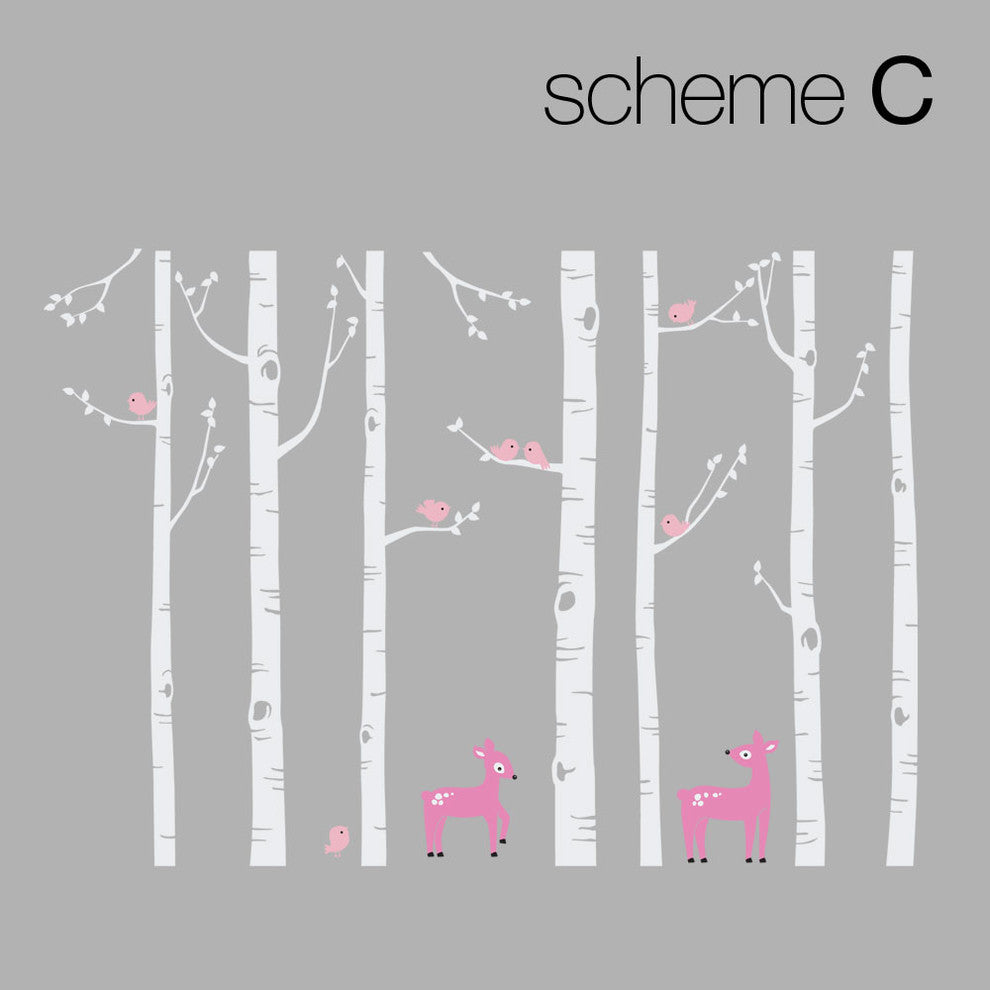 Birch Tree with Bird and Deer Wall Decals, Scheme C, Standard