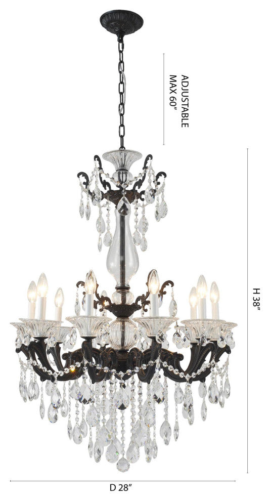 10-Light Satin Black Metal Chandelier With Clear Hanging Crystals