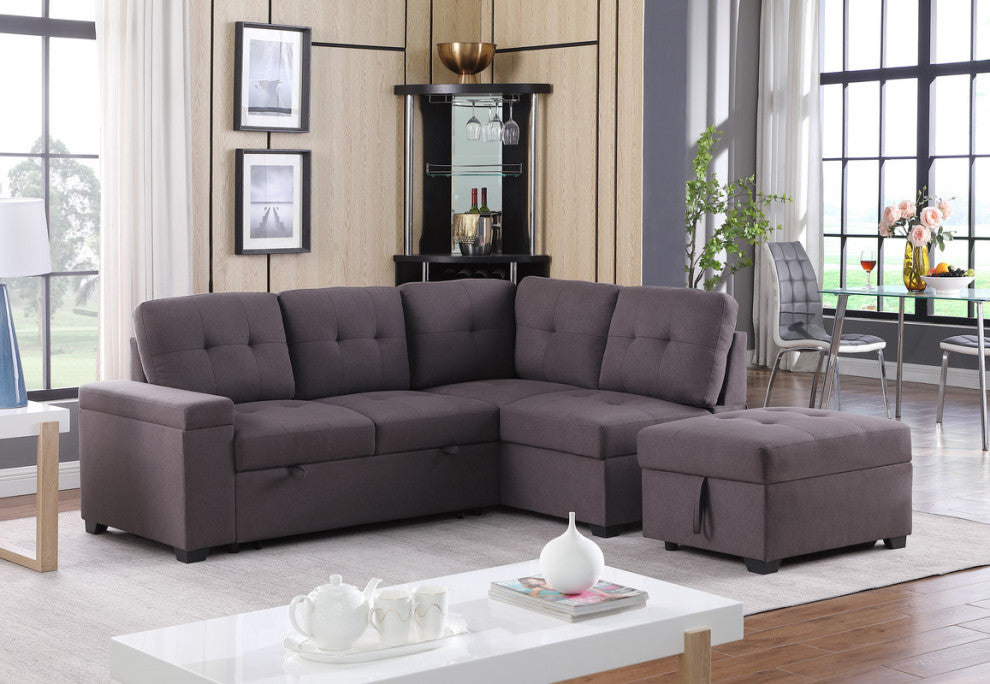 Katie Brown Linen Sleeper Sectional Sofa With Storage Ottoman, Storage Arm
