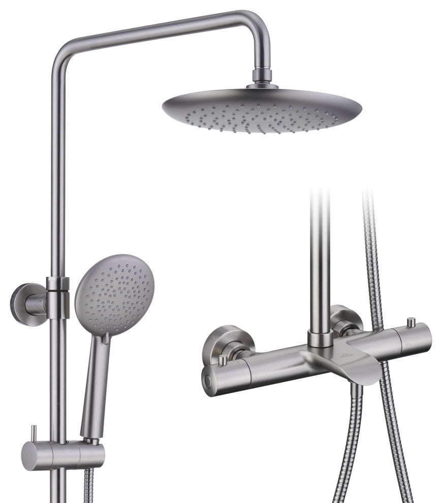Thermostatic Round Shower Faucet Dual Head Waterfall Shower Bar System, Brushed Nickle