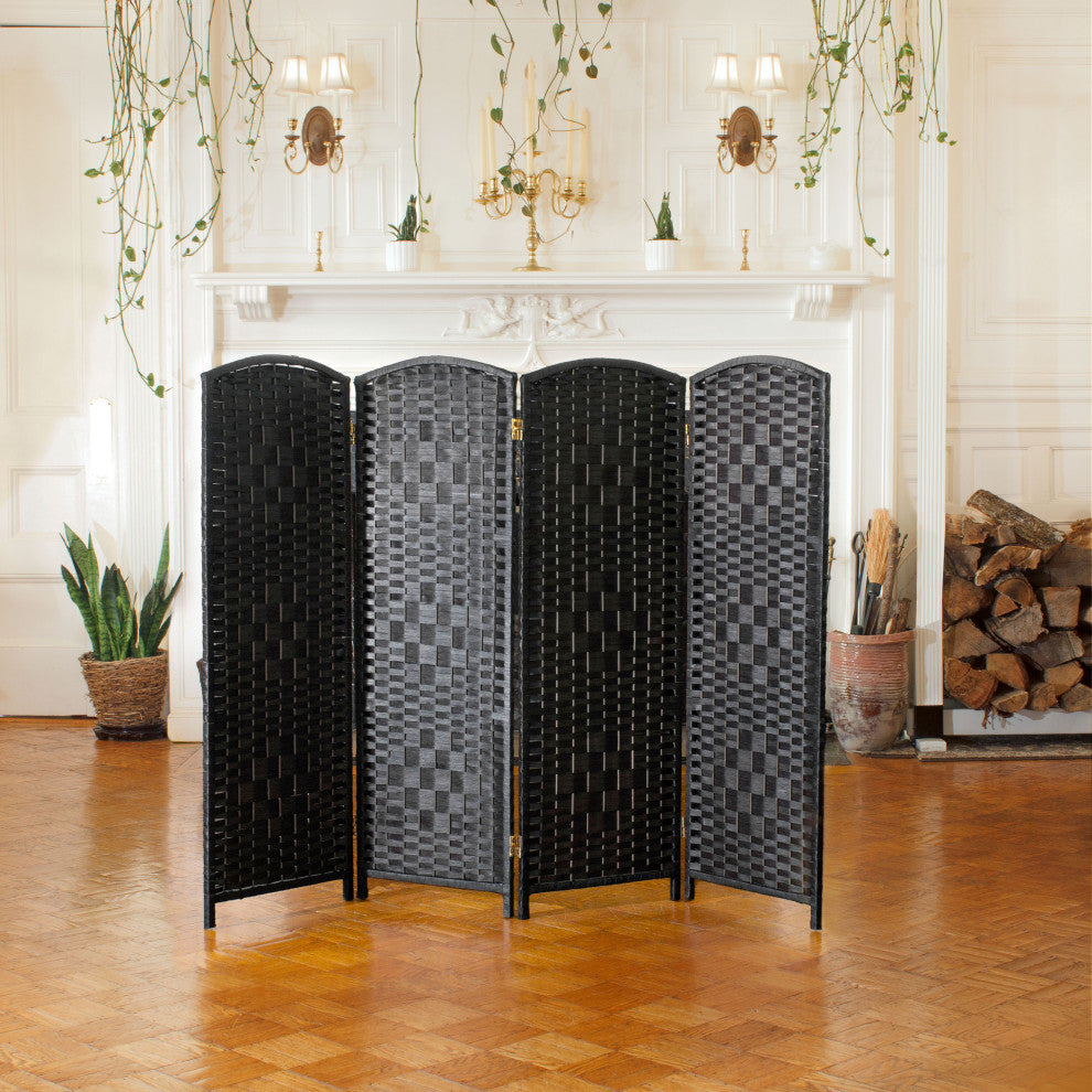 4 ft. Short Diamond Weave Fiber Room Divider Black 4 Panel