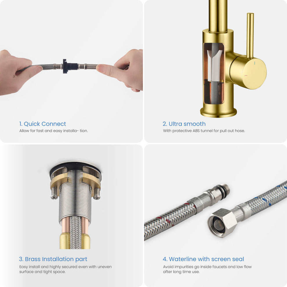 Circular Single Handle Pull Down Kitchen Faucet, Brushed Gold
