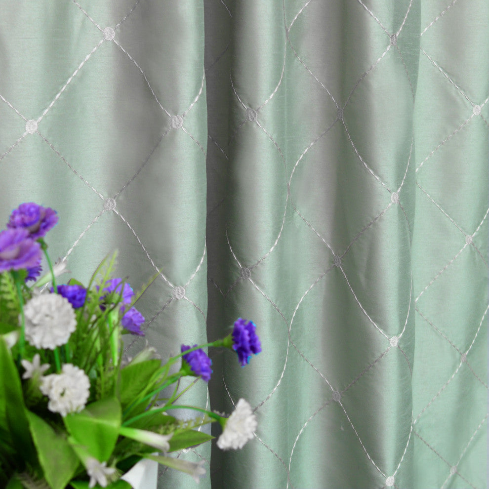 Doris Diamond Embroidery Faux Silk Curtain Set, Silver Blue, 60"x96"