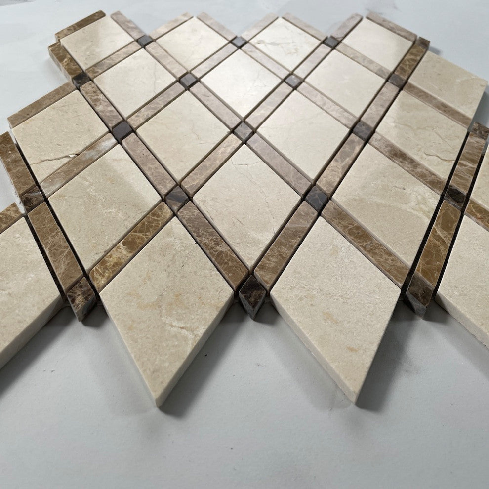 Crema Marfil Marble Diamond Lattice Tile Emperador Brown Polished, 1 sheet
