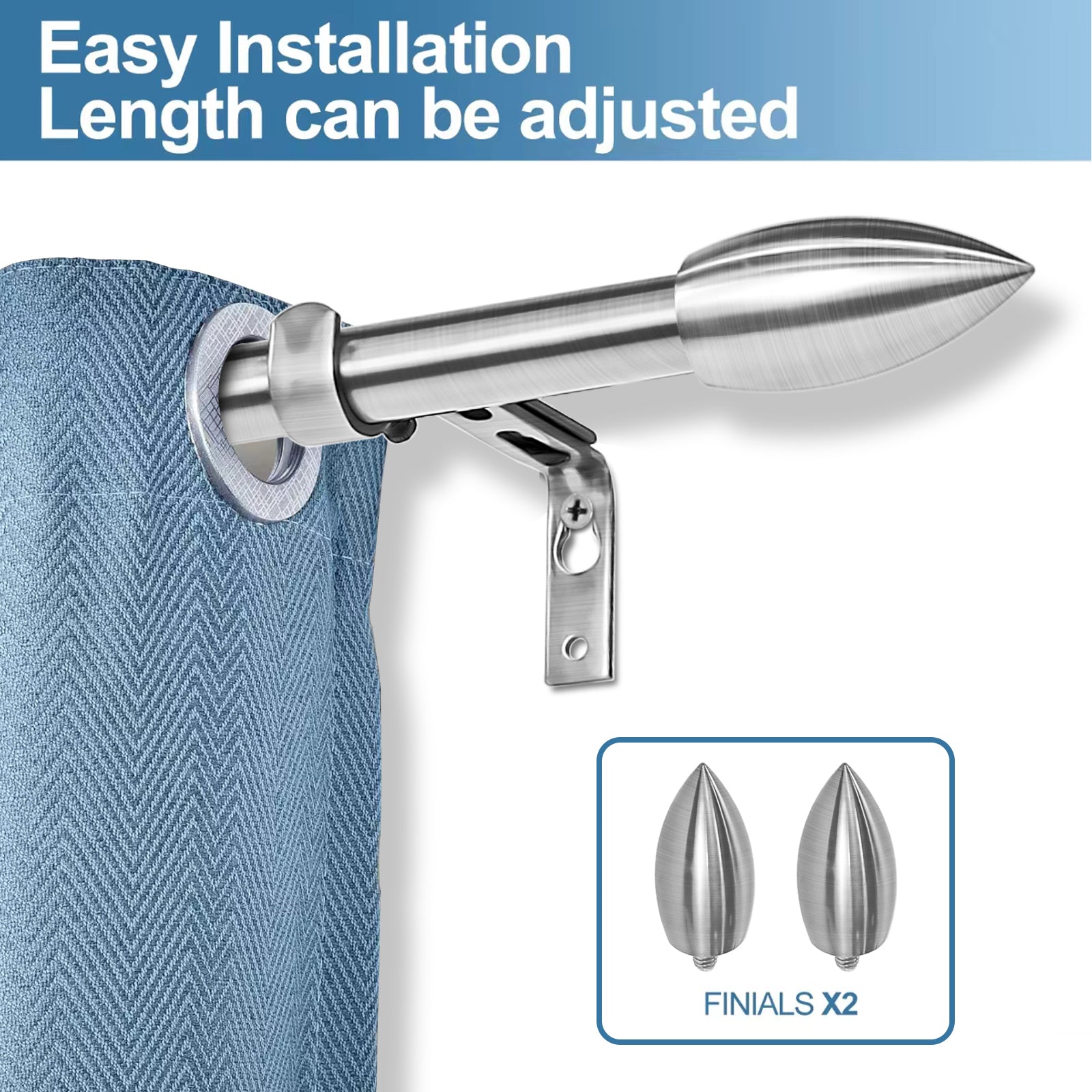 5/8" Adjustable Bullet Drapery Rod, 28"-48", Brushed Steel
