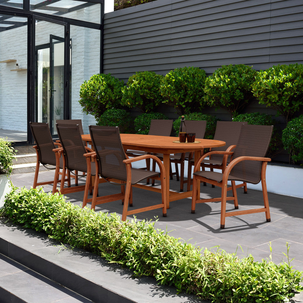 Amazonia Bahamas 9-Piece Eucalyptus Extendable Dining Set With Brown Sling Chair