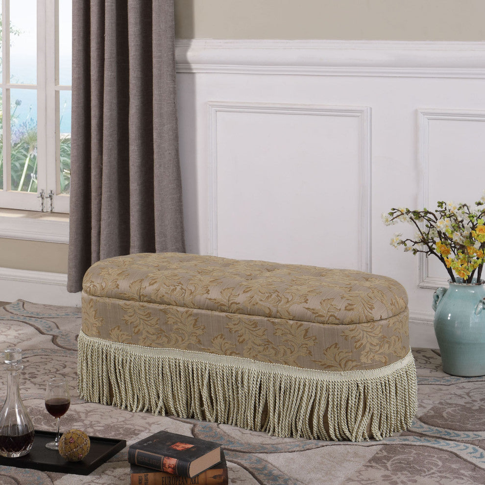 Beige Floral Oval Storage Bench