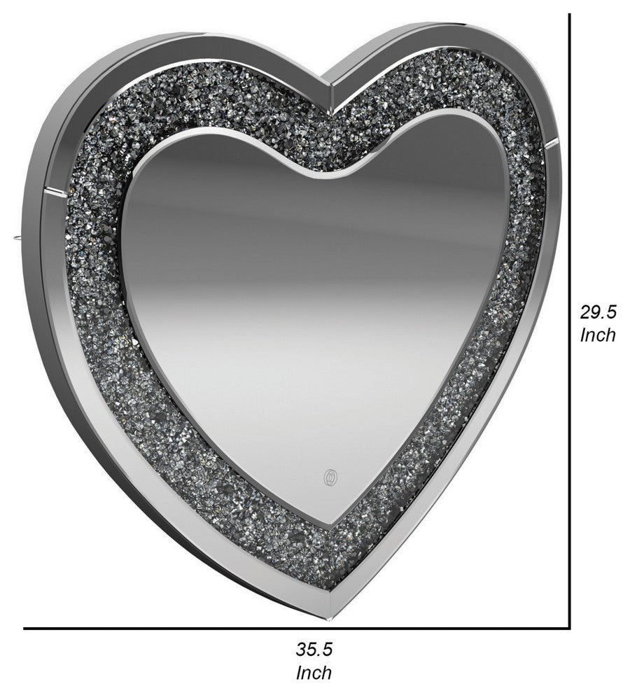 Benzara BM282038 Modern Vanity Wall Mirror, Heart, Crystal Frame, Glass, Silver