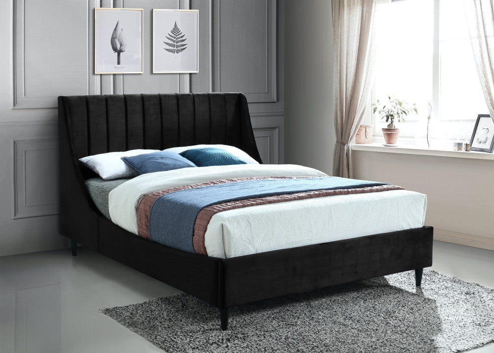 Eva Velvet Upholstered Bed, Black, Queen