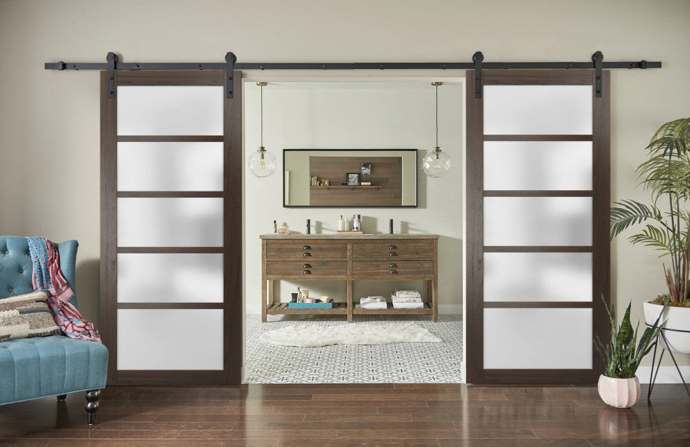 Double Barn Door 72 x 96 Frosted Glass, Quadro 4002 Chocolate Ash, 13' Rail
