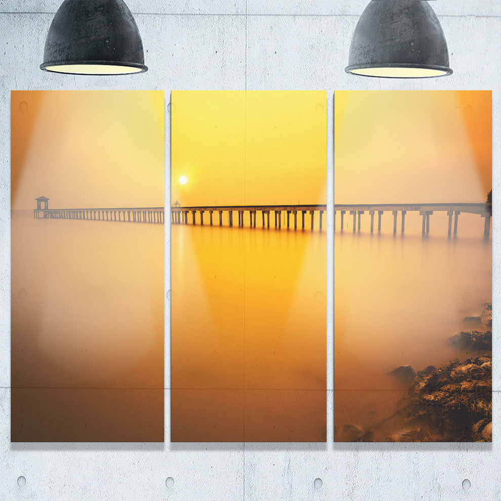 "Yellow Tinged Seashore and Long Pier" Metal Wall Art, 3 Panels, 36"x28"