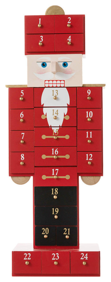 17.25"H Wooden Christmas Nutcracker Countdown Calendar Decor With Drawer
