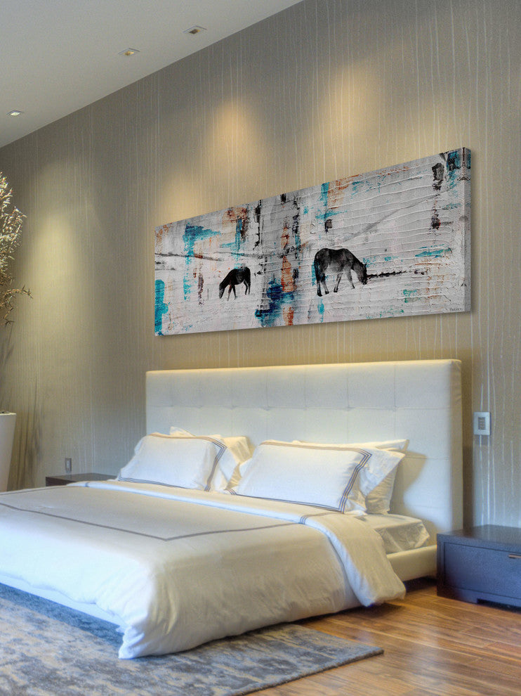 "Two Horses Grazing" Painting Print on Wrapped Canvas, 30"x10"