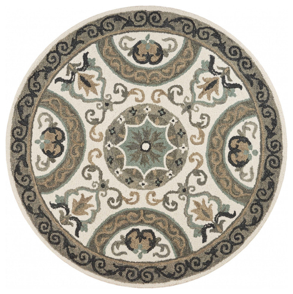 6" Round Gray Ornate Medallion Area Rug