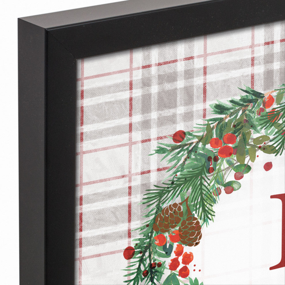 Holiday Gray Plaid Monogram Wreath I 12x12 Black Framed Canvas