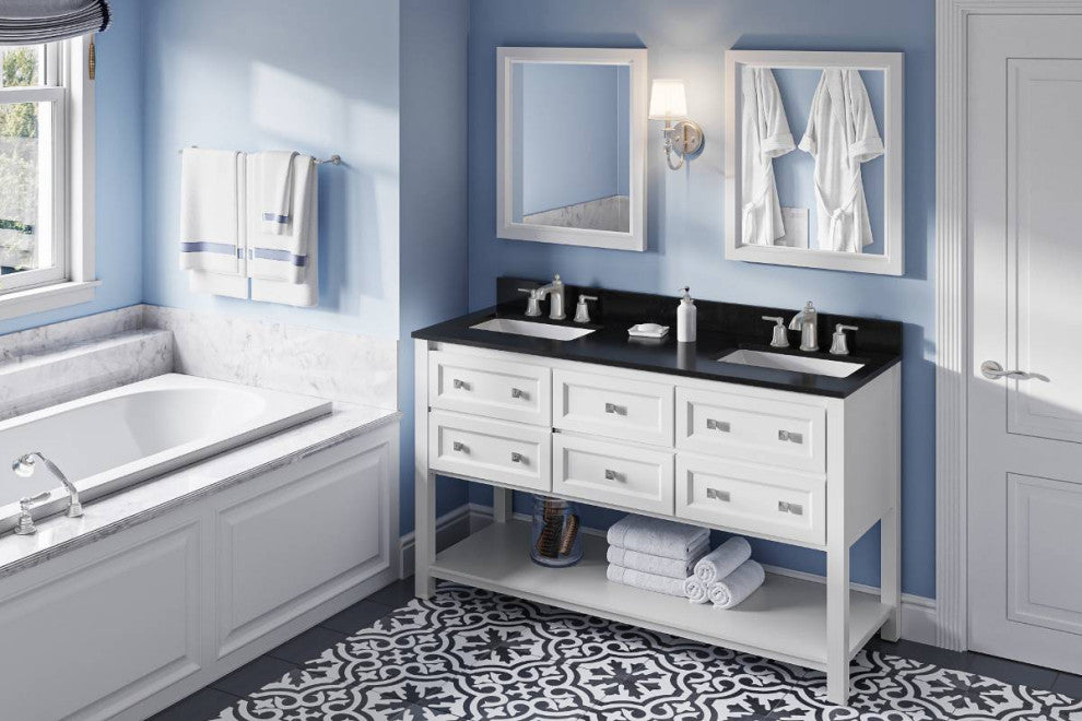 Adler Transitional 60" White Double Sink Vanity, Black Granite Vanity Top