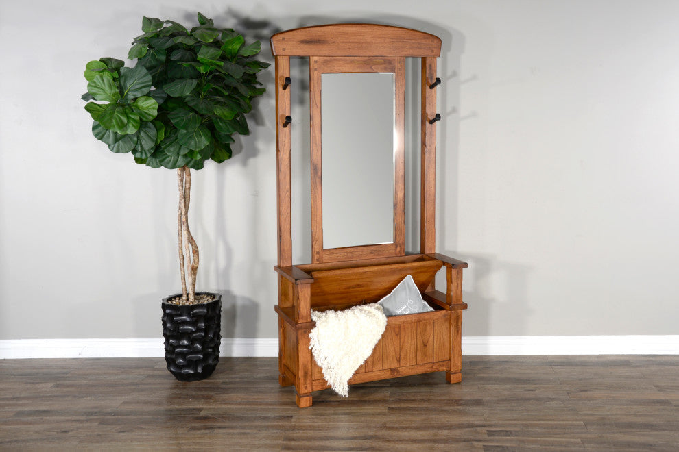 78" Narrow Rustic Entryway Bench Hall Tree With Mirror Bench Storage