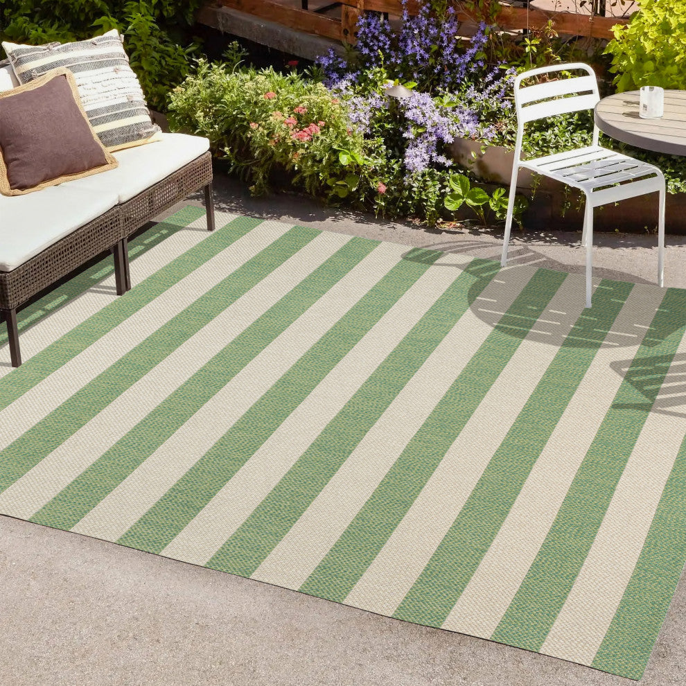 Negril Two-Tone Wide Stripe Indoor/Outdoor Area Rug, Green/Cream, 8x10