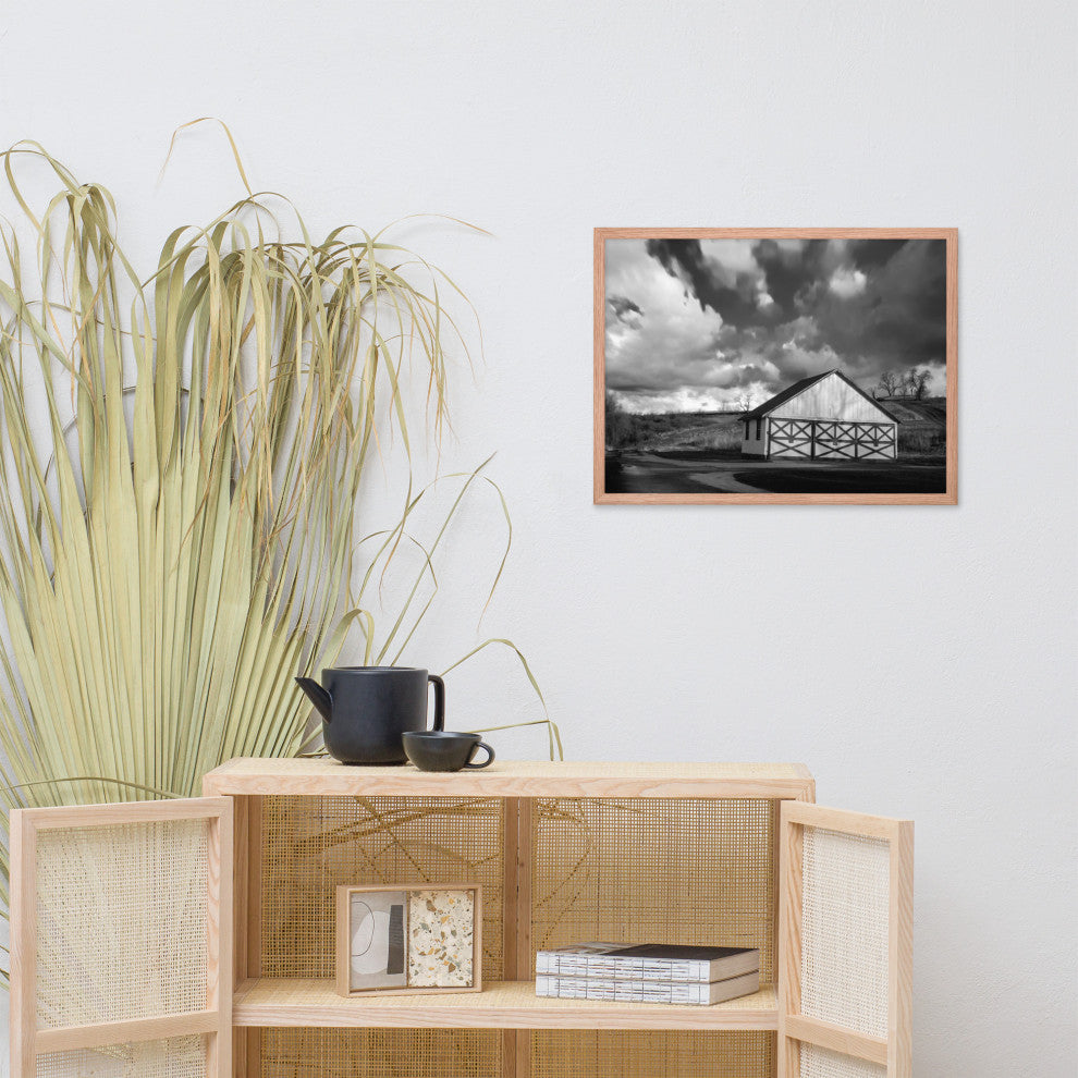 Aging Barn Morning Sun in Black and White Framed Photo Paper Wall Art Prints, Red Oak, 18" X 24"