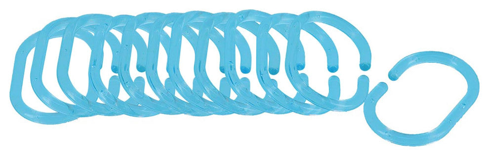 Shower Curtain Rings Plastic Hooks Solid or Clear Colors Set of 12, Clear Turquoise Blue