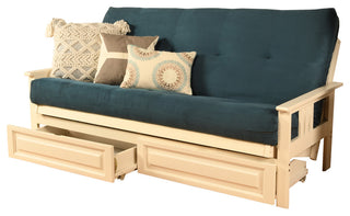 Caleb Frame Futon With Antique White Finish, Storage Drawers, Suede Blue