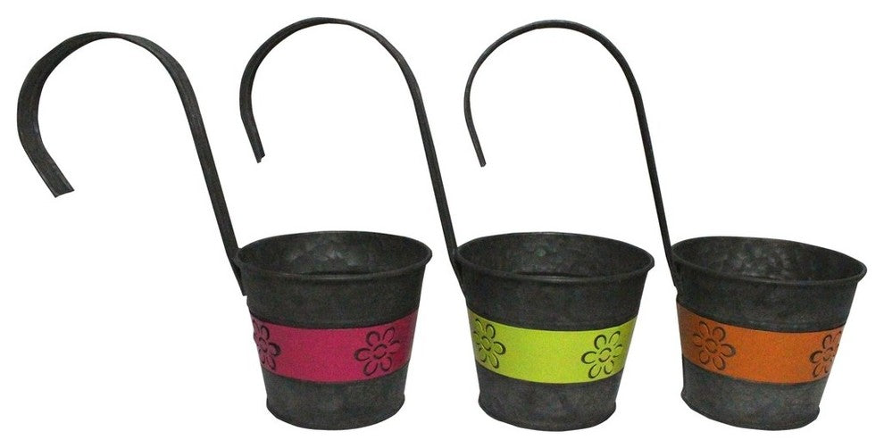 Hanging Metal Flower Planters "Jazzy Flowers" With Hanging Handles, 3-Piece Set