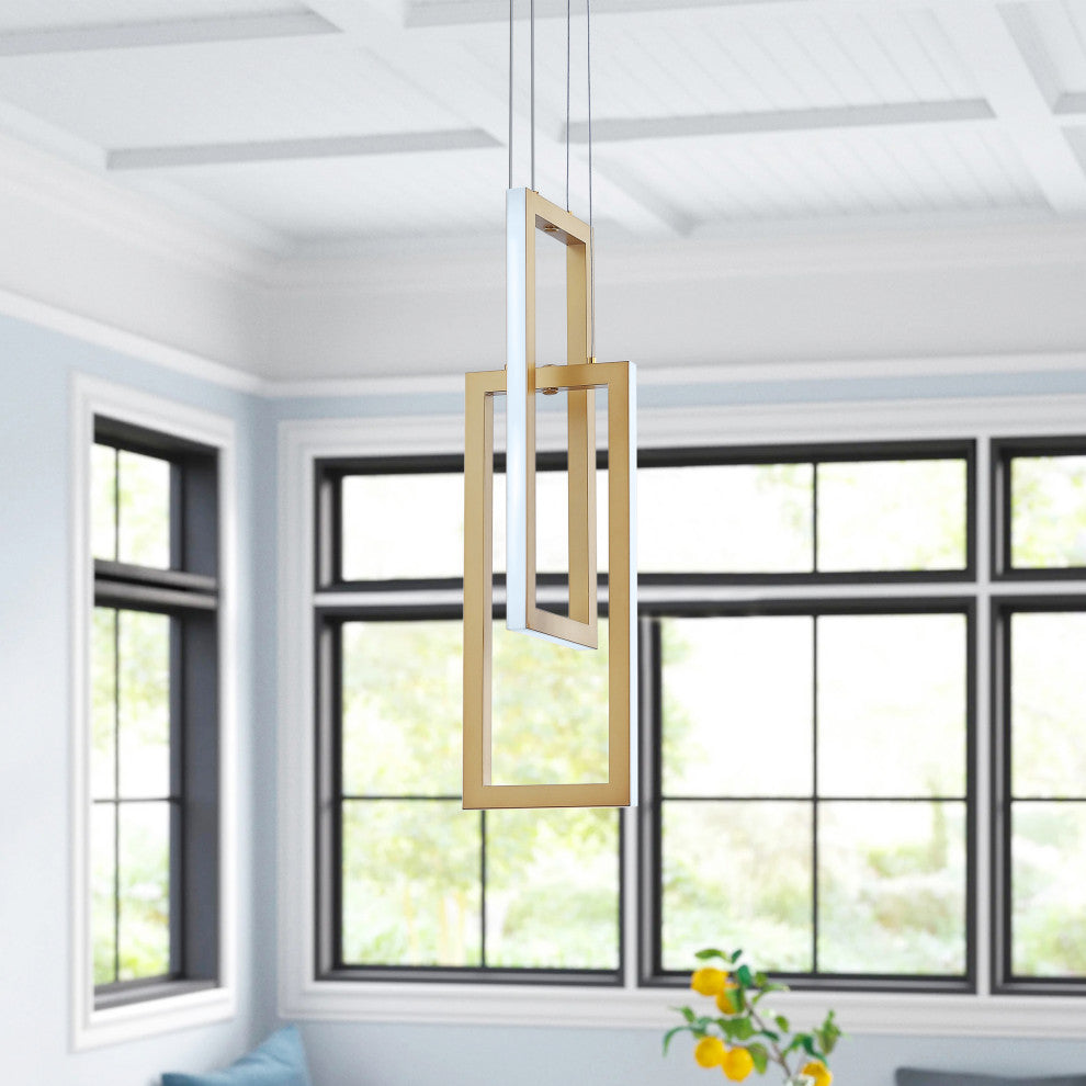 2-Light Rectangle LED Pendant Light Chandelier, Gold
