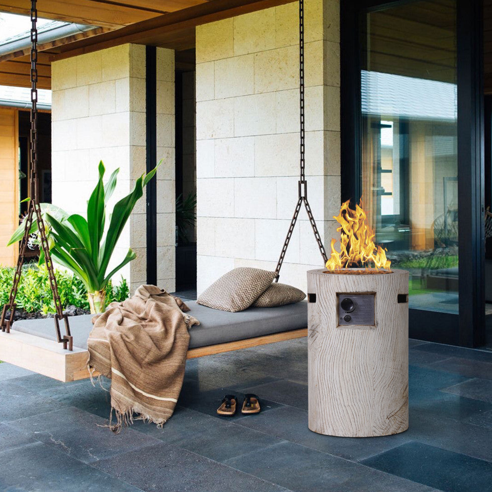 Cylindrical Magnesium Oxide Outdoor Fire Pit with Waterproof Cover, Beige
