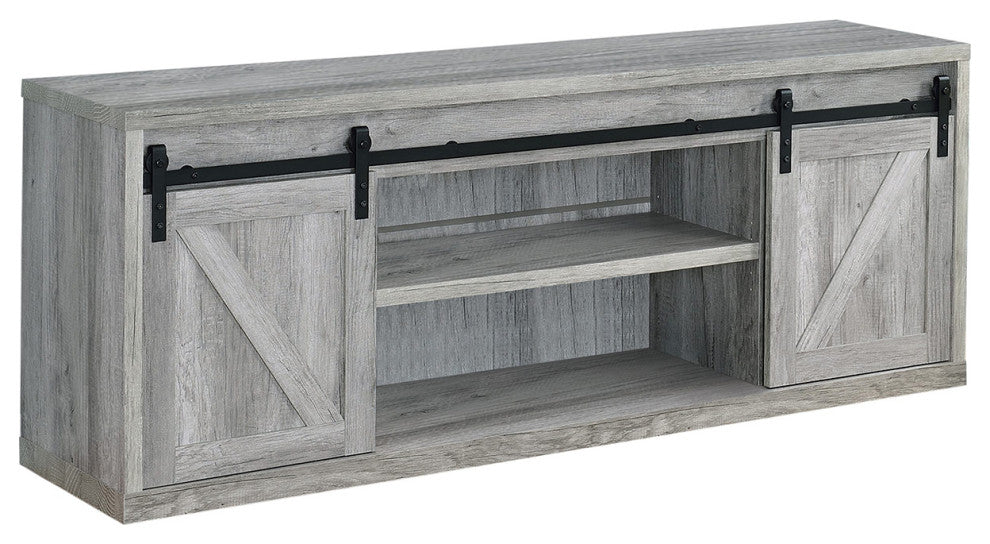 71" TV Console with Sliding Doors, Gray and Black