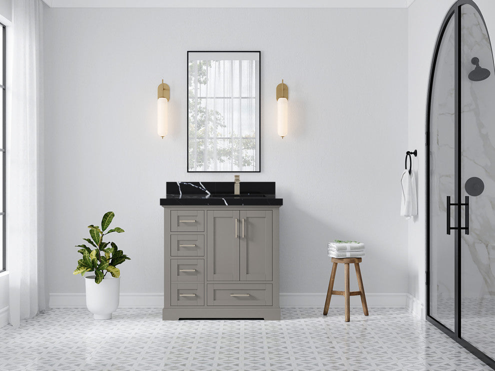 Boston 36 Right Offset Bath Vanity in Elephant Skin Gray 2" Calacatta Black
