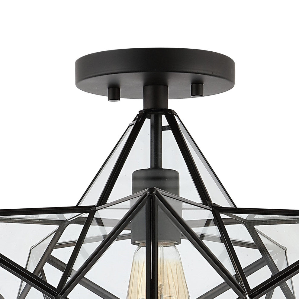 Ava 14.5" 1-Light Farmhouse Bohemian Iron/Glass LED Semi Flush Mount,Black/Clear