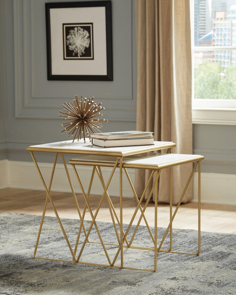 2 Piece Nesting Table Set, White And Gold