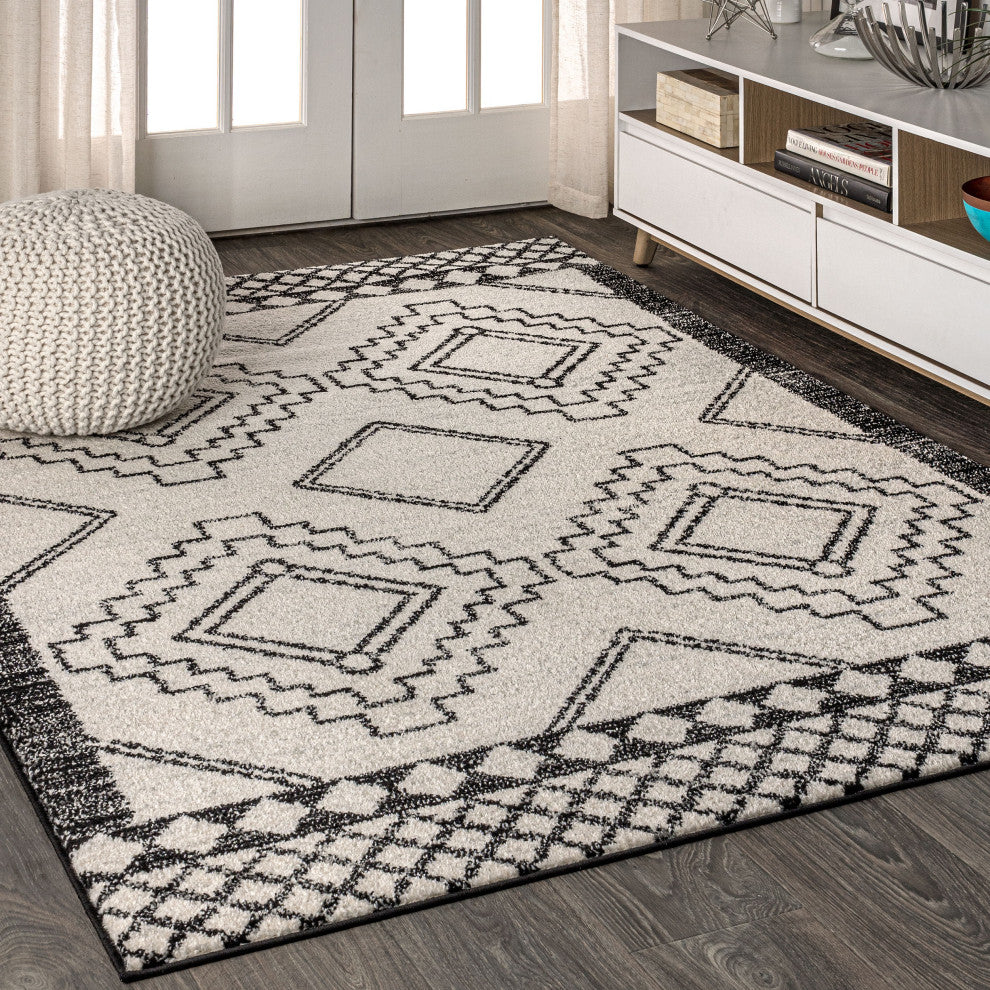 Amir Moroccan Beni Souk Rug, Cream/Black, 8' Square