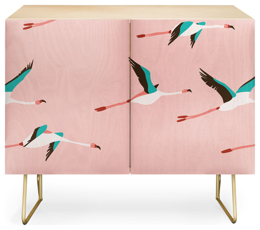 Deny Designs Flamingo Pink Credenza, Birch, Gold Steel Legs
