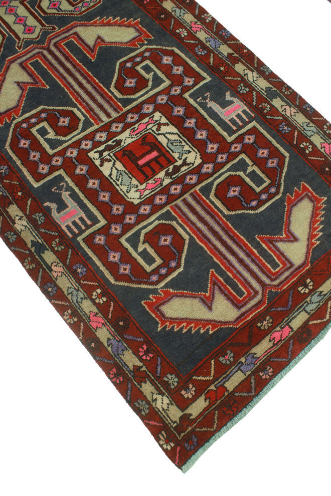 Fine Vintage Distressed Iyapo Navy/Burgundy Runner, 3'5x10'6